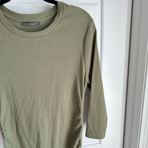 Khaki Green 3/4 Length Sleeve Ruched Dress - Picture 2 of 10